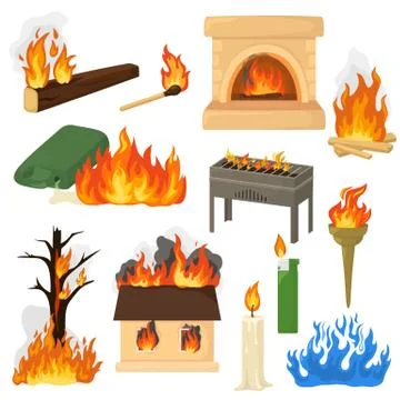 Fire flame vector fired flaming bonfire in fireplace and flammable campfire Stock Illustration
