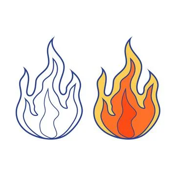 Fire flame vector illustration. Outline and colored burning flame icons Stock Illustration