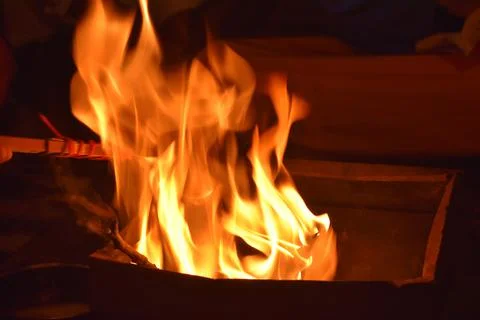 Fire flames on black background also known as Hawan Kund in India Stock Photos