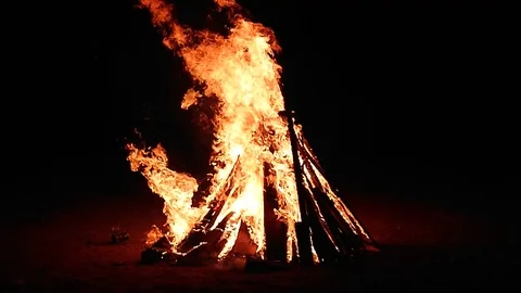 Fire Flames on a Black Background. Bonfire Burning at Night. Slow Motion. Stock Footage 121103917