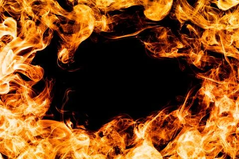 Fire flames on black background, frame, border. Foto stock