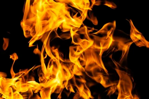 Fire flames on black background isolated. Burning gas or gasoline burns with  Stock Photos