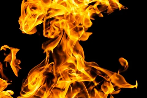 Fire flames on black background isolated. Burning gas or gasoline burns with  Stock Photos