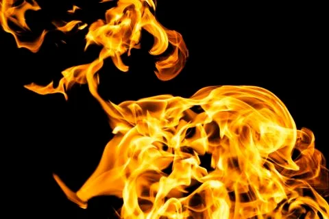 Fire flames on black background isolated. Burning gas or gasoline burns with  Stock Photos