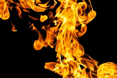 Fire flames on black background isolated. Burning gas or gasoline burns with  Stock Photos