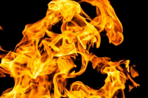 Fire flames on black background isolated. Burning gas or gasoline burns with  Stock Photos