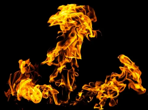 Fire flames on black background isolated. Burning gas or gasoline burns with  Stock Photos