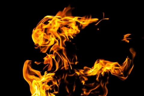 Fire flames on black background isolated. Burning gas or gasoline burns with  Stock Photos