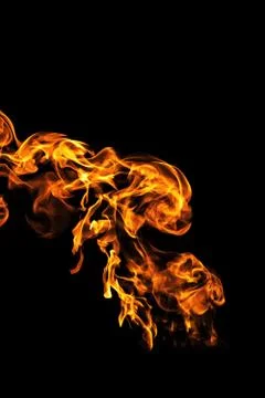 Fire flames on black background isolated. Burning gas or gasoline burns with  스톡 사진