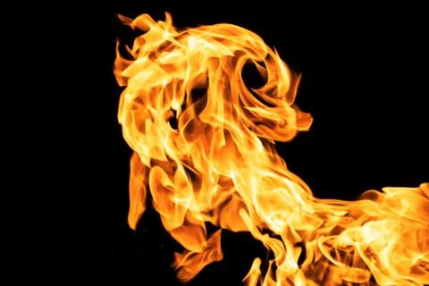 Fire flames on black background isolated. Burning gas or gasoline burns with  스톡 사진