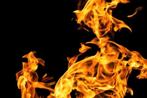 Fire flames on black background isolated. Burning gas or gasoline burns with  Photos