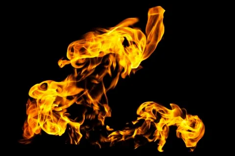 Fire flames on black background isolated. Burning gas or gasoline burns with  Stock Photos
