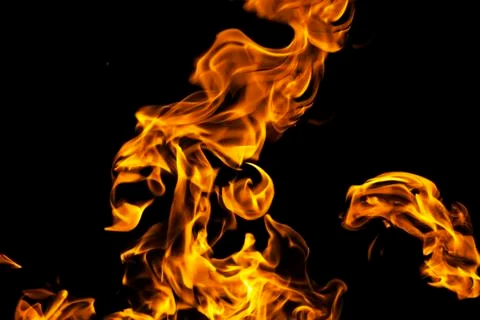 Fire flames on black background isolated. Burning gas or gasoline burns with  Stock Photos
