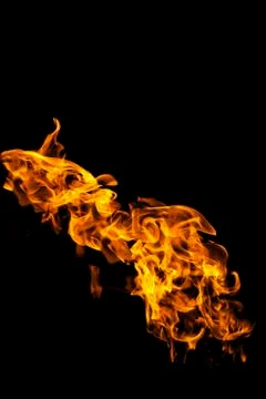Fire flames on black background isolated. Burning gas or gasoline burns with  Stock Photos