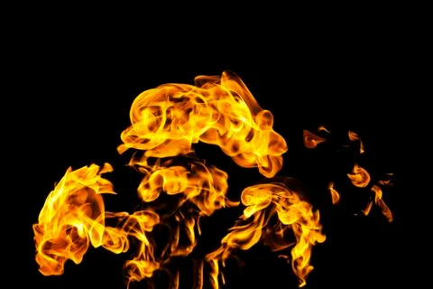 Fire flames on black background isolated. Burning gas or gasoline burns with  Stock Photos