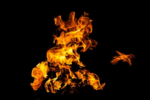Fire flames on black background isolated. Burning gas or gasoline burns with  Stock Photos