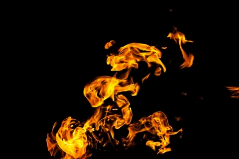 Fire flames on black background isolated. Burning gas or gasoline burns with  Stock Photos