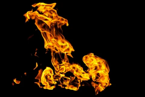 Fire flames on black background isolated. Burning gas or gasoline burns with  Stock Photos