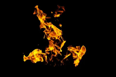 Fire flames on black background isolated. Burning gas or gasoline burns with  스톡 사진