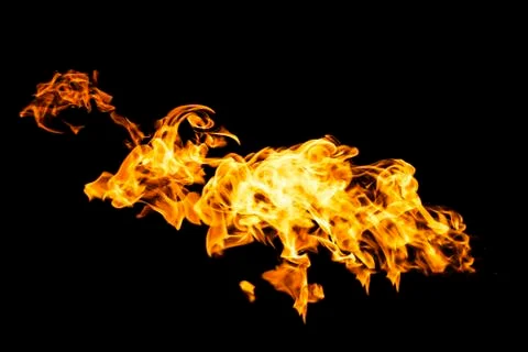 Fire flames on black background isolated. Burning gas or gasoline burns with  Stock Photos