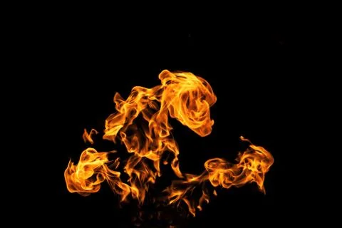Fire flames on black background isolated. Burning gas or gasoline burns with  Stock Photos
