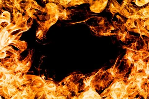Fire flames on black background making a frame, border. perfect for design, a Stock Photos