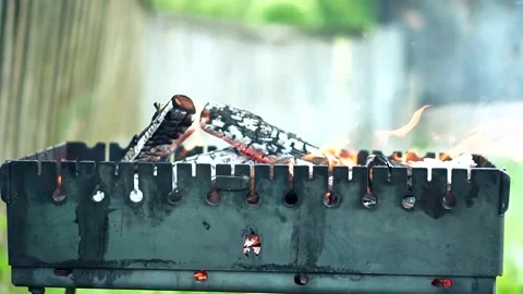 Fire Flames On Brazier. Bonfire Flames Outdoor Cooking Stock Footage 218612780