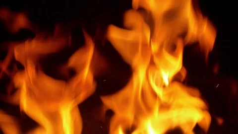Fire Flames Burning in Fireplace on Black Background Slow Motion Stock Footage 146221188