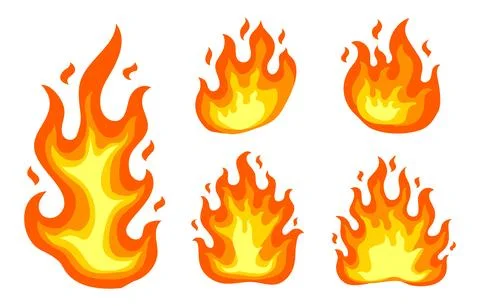 Fire flames cartoon elements. Flames design icons, burning lights vector Stock Illustration