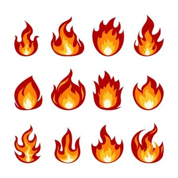 Fire flames cartoon set isolate on white. Vector bonfire of different shapes Illustrazione stock