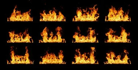 Fire flames collection isolated on black Stock Photos