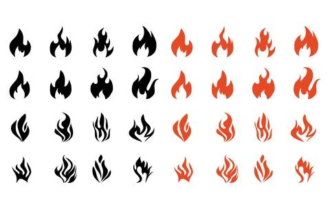 Fire flames icon vector set with black and orange flame shapes for campfire Stock Illustration