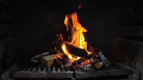 Fire flames inside a barbecue fireplace. Stock Footage 158917385