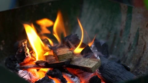 Fire flames of night fire on outdoors. people puts firewood in the fire for c Vídeos de archivo 97337357