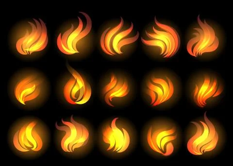 Fire Flames set on black background Stock Illustration