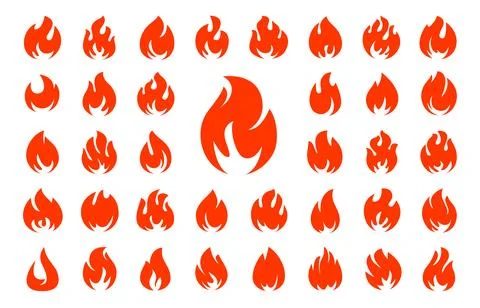Fire flames set vector icons. Red hot bonfire, campfire, heat wildfire, fireball Stock Illustration