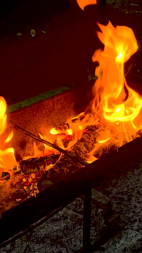 Fire Flames with Sparks close-up. Flame Motion with Empty Grill Grate Stock Footage 249001974