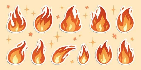 Fire flames vector stickers set. Trendy flat style Stock Illustration