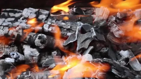 Fire flames, wood is on fire, charcoal to make barbeque Stock Footage 158322331
