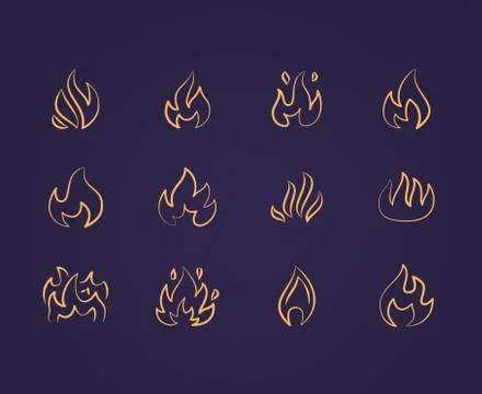 Fire flat line icons. Flame shapes silhouette, bonfire vector illustration Stock Illustration