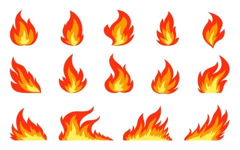 Fire flat set campfire fiery flame hot fuel power Stock Illustration