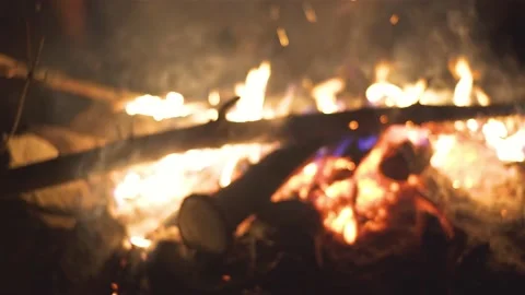 Fire in focus, slow blurring background peaceful summer evening in nature Stock Footage 237437809