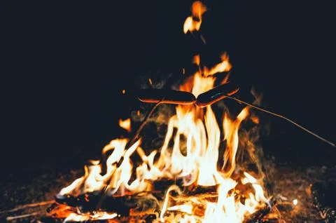Fire in the forest with fire. Along with grilling. Of travelers hiking vacati Foto stock