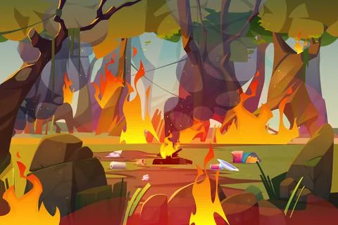 Fire in forest, polluted wood with raging flames Stock Illustration