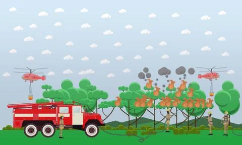 Fire in the forest vector illustration in flat style Stock Illustration