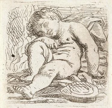 Fire; The four elements. A sleeping child is sitting at a fire. There is a... Foto stock