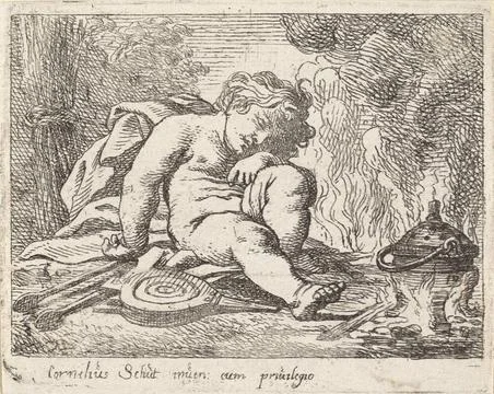 Fire; The four elements. A sleeping child is in a fire with a cooking pot ... Stock Photos