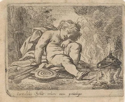 Fire; The four elements. A sleeping child is in a fire with a cooking pot ... Stock Photos