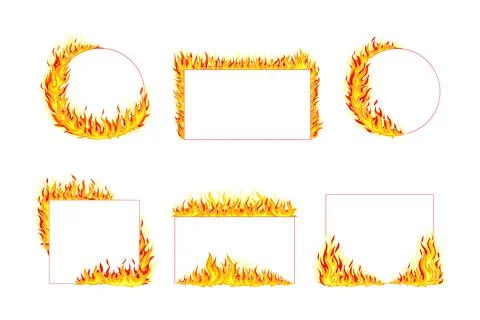 Fire frames of different shapes set. Flaming burning borders with space for text Illustrazione stock