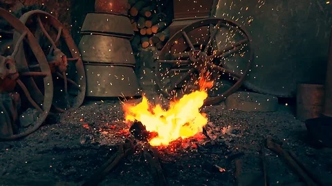 Fire in the furnace in the smithy Video stock 101074116